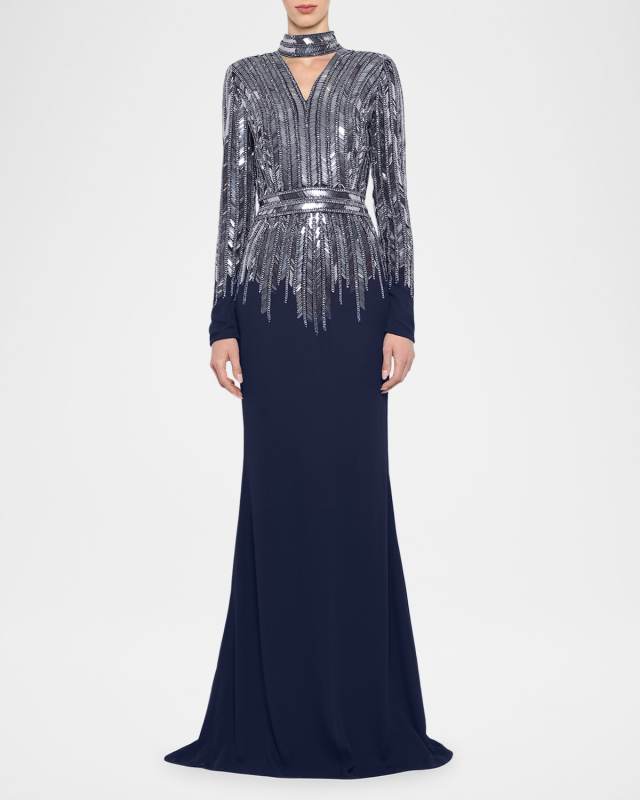 Jane Sequined Collar Long-Sleeve Gown